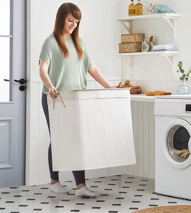 Wäschekorb, Wäschesammler, aus Bambus, Wäschetruhe mit Griffen, 3 Fächern, Deckel mit Clips, 150 L, faltbar, für Waschküche, Schlafzimmer, Bad, weiß