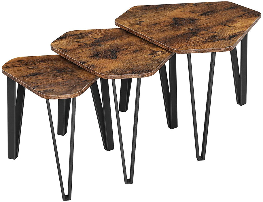 Beistelltisch-Set, 3 Stück Nachttische, Couchtische, mit Metallbeinen, einfacher Aufbau, Industrie-Design, vintagebraun-schwarz