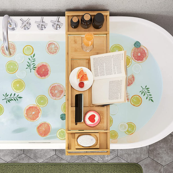 ausziehbare Badewannenablage aus Bambus verstellbares Badewannenbrett Badewannen Ablagen, mit Getränkehalter, Buchstütze, Seifenhalter