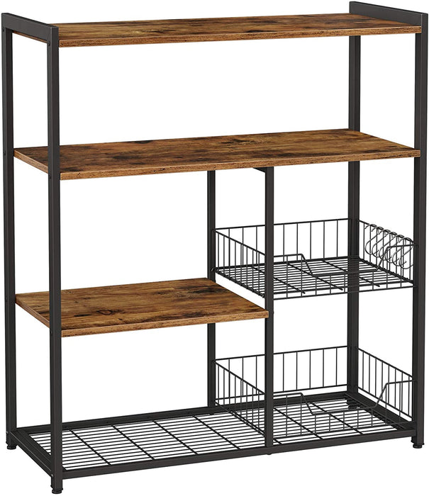 Standregal mit 2 Metallkörben, Küchenregal, Bäckerregal mit Haken und Regalablagen, Mikrowellenregal, 80 x 35 x 95 cm, Industrie-Design, Vintage