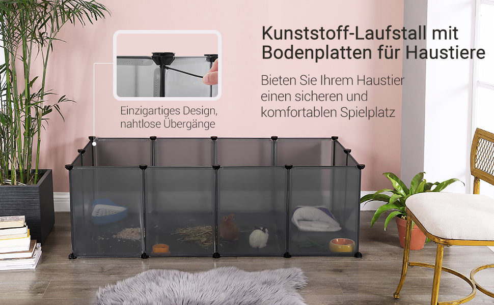 Freigehege mit Bodenplatten, Laufstall, aus Kunststoff, Gehege für Kleintiere, Meerschweinchen, Hamster, Kaninchen, grau
