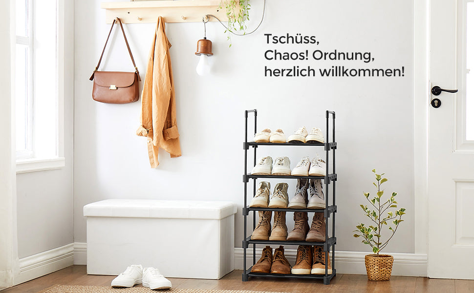 Schuhregal mit 5 Ebenen, Schuhständer aus Metall, stapelbar, platzsparend, Schuhaufbewahrung, multifunktional, Standregal, für Flur, Schlafzimmer