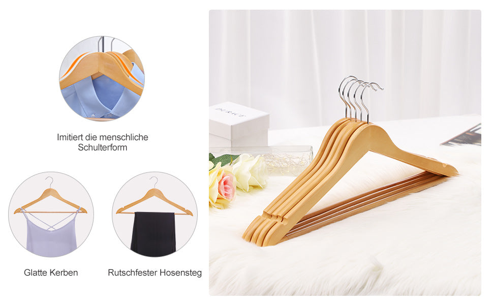 Kleiderbügel aus Massivholz, 30er Set, Holzbügel mit rutschfestem Hosensteg und Einkerbungen, um 360° drehbarer Haken, für Mäntel, Anzüge, Kleider