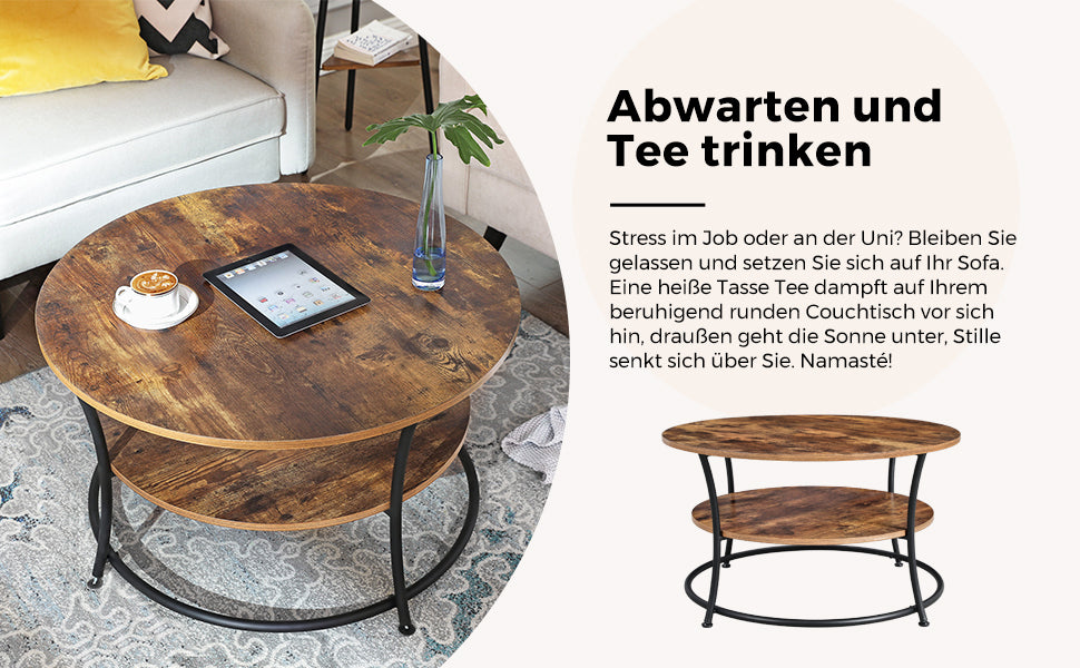 Couchtisch rund, Wohnzimmertisch, Sofatisch mit Ablage, einfacher Aufbau, Metall, Industrie-Design, Vintagebraun-schwarz