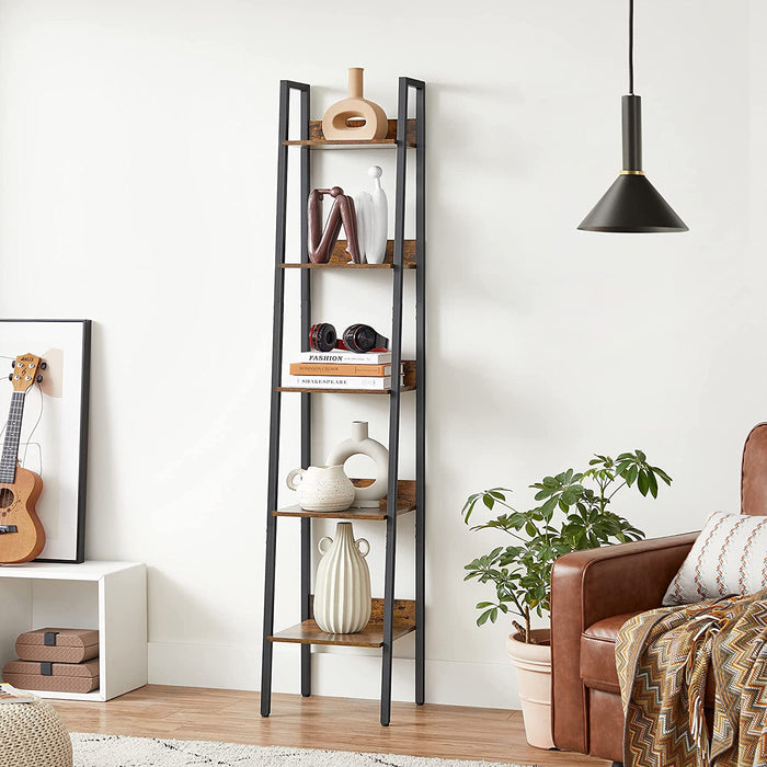 Bücherregal, Leiterregal mit 5 Ablagen, offen, Standregal, schmal, für Wohnzimmer, Schlafzimmer, Küche, Büro, Metallgestell, Industrie-Design