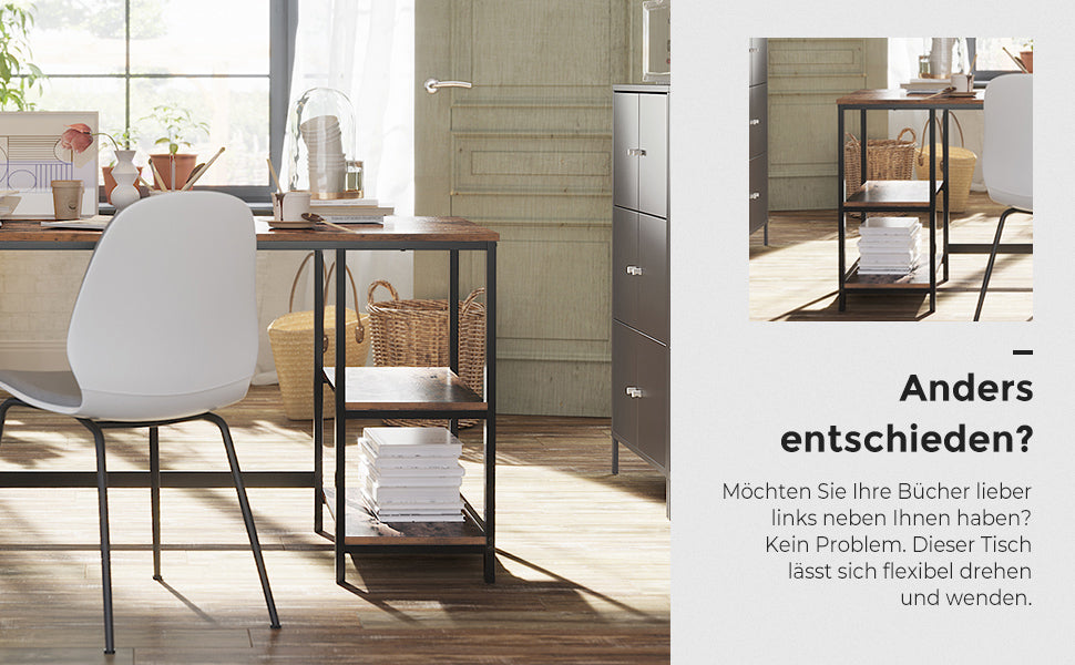 Schreibtisch, Computertisch, PC-Tisch, Bürotisch, mit 2 Ablagen auf der rechten oder linken Seite, fürs Büro, Wohnzimmer, Stahlgestell