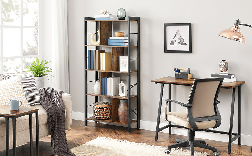 Bücherregal, Regal mit 4 Ebenen, Standregal, Bücherschrank, Büroregal, Industrie-Design, für Wohnzimmer, Büro, Arbeitszimmer, groß, Metallgestell