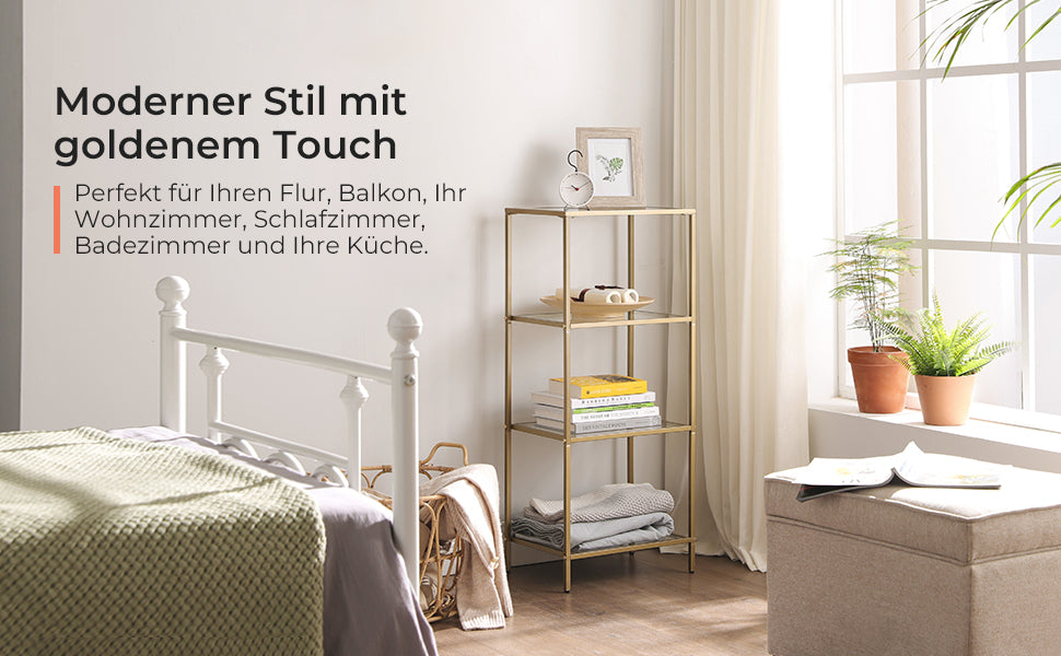 Badezimmerregal, Küchenregal, Standregal, Flurregal, Pflanzenregal mit 4 Ablagen aus Hartglas, einfacher Aufbau, Wohnzimmer, Schlafzimmer, Büro