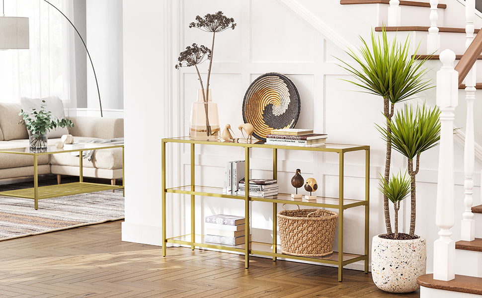 Konsolentisch, Flurtisch, 3 Ebenen, Beistelltisch, Ablagen aus Hartglas, 130 x 30 x 73 cm, Metallgestell, modern, für Flur, Wohnzimmer, Schlafzimmer