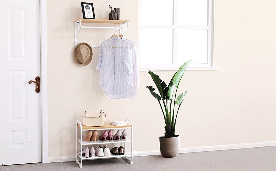 Wandgarderobe, Wandregal mit 5 Haken und Ablage, im Industrie-Design, Hakenleiste mit Hängestange, für Flur, Schlafzimmer, Badezimmer und Wohnzimmer