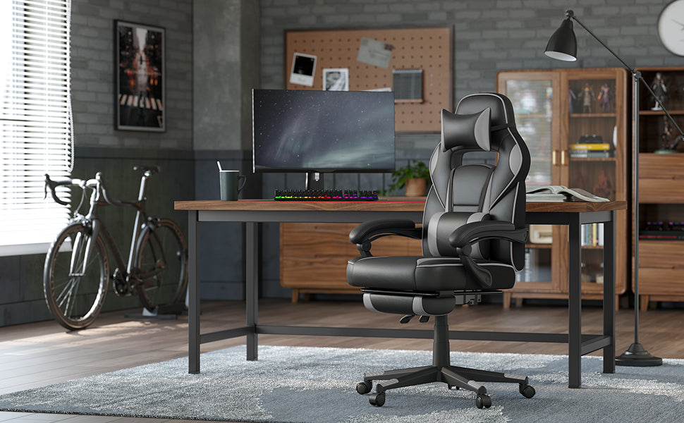Gamingstuhl, Schreibtischstuhl mit Fußstütze, Bürostuhl mit Kopfstütze und Lendenkissen, höhenverstellbar, ergonomisch, 90-135° Neigungswinkel