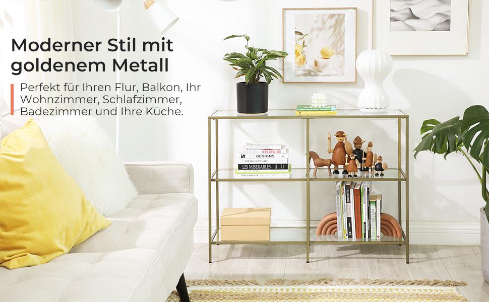 Konsolentisch, Flurtisch, 3 Ebenen, Beistelltisch, Ablagen aus Hartglas, 100 x 30 x 73 cm, Metallgestell, modern, für Flur, Wohnzimmer, Schlafzimmer