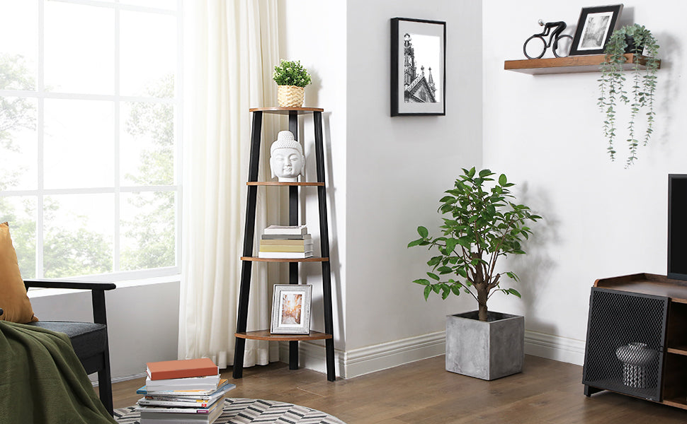 Eckregal, Standregal, Bücherregal, Leiterregal mit 4 Ablagen, einfache Montage, stabiles Stahlgestell, Wohnzimmer, Schlafzimmer, Balkon