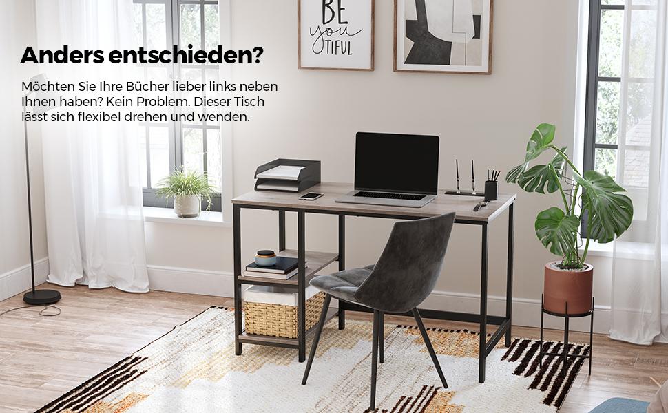 Schreibtisch, Computertisch, PC-Tisch, Bürotisch, mit 2 Ablagen auf der rechten oder linken Seite, fürs Büro, Wohnzimmer, Stahlgestell
