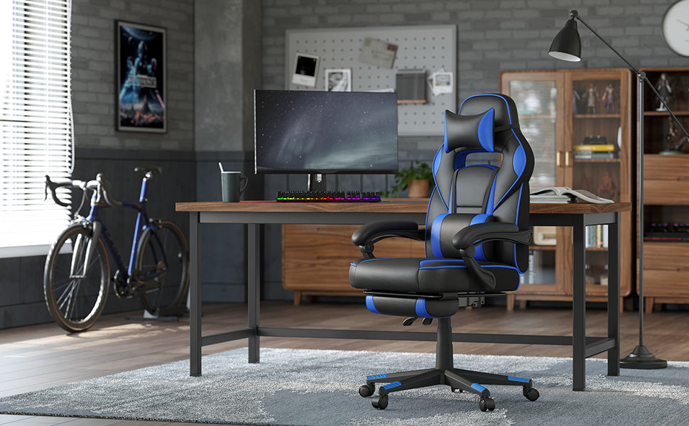 Gamingstuhl, Schreibtischstuhl mit Fußstütze, Bürostuhl mit Kopfstütze und Lendenkissen, höhenverstellbar, ergonomisch, 90-135° Neigungswinkel