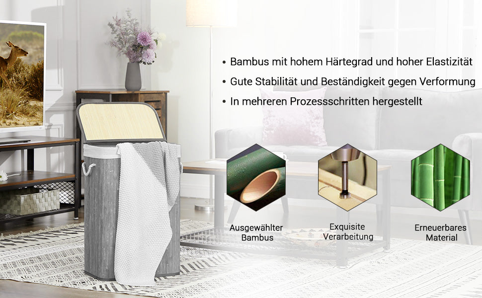 Wäschekorb 72 L, Wäschesammler aus Bambus, Wäschetruhe mit Griffen, Deckel mit Clips, faltbar, Wäschesack herausnehmbar, Vintage, grau