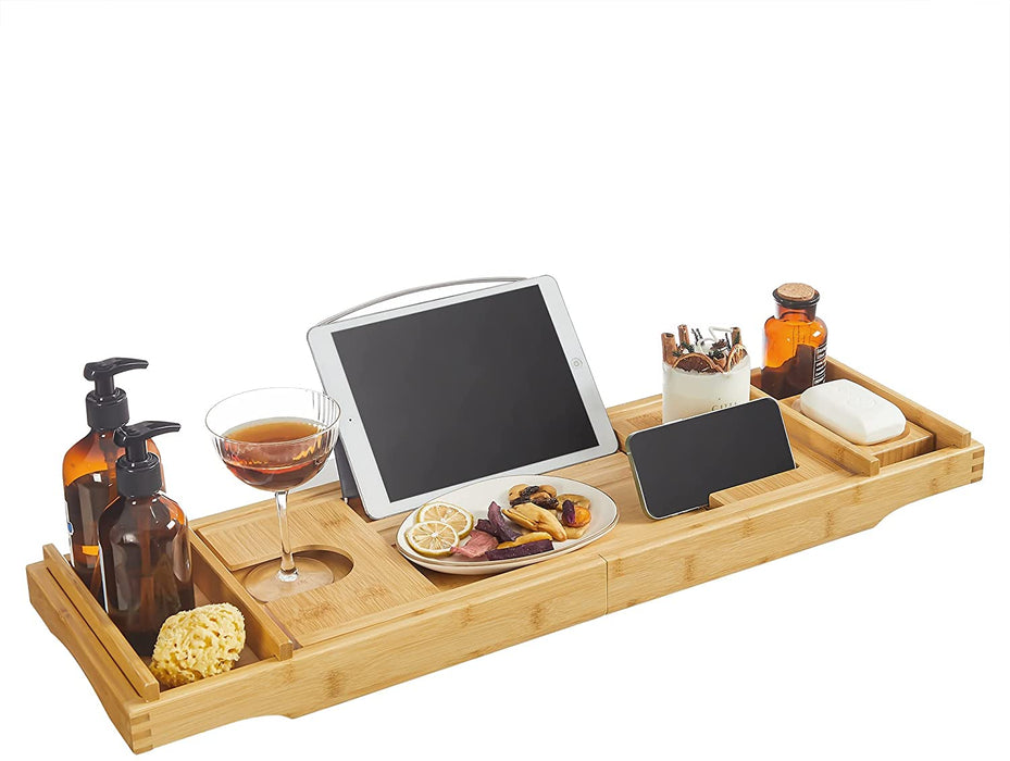 ausziehbare Badewannenablage aus Bambus verstellbares Badewannenbrett Badewannen Ablagen, mit Getränkehalter, Buchstütze, Seifenhalter