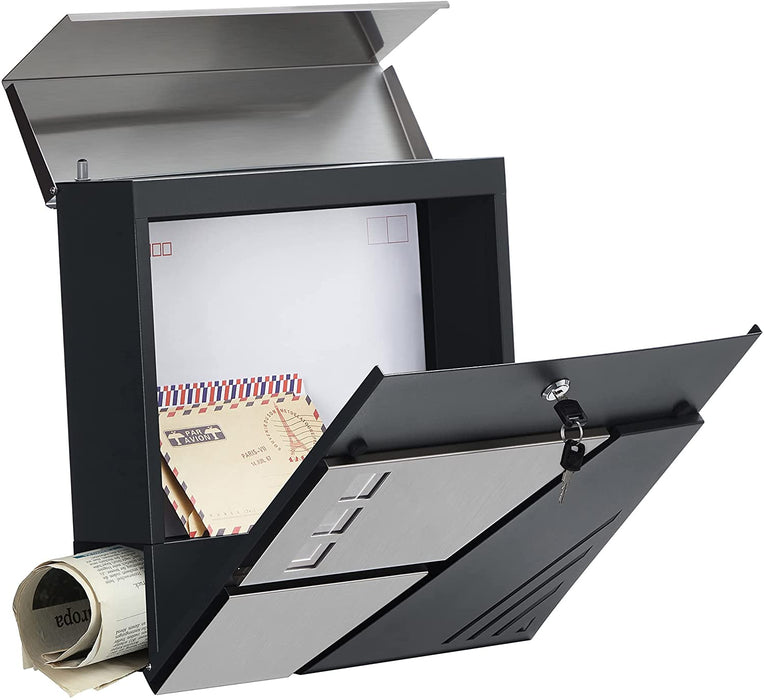 Briefkasten, Wandbriefkasten mit Sichtfenster, aus Edelstahl, für Haustür, mit Schloss und Schlüsseln, silbern-anthrazit