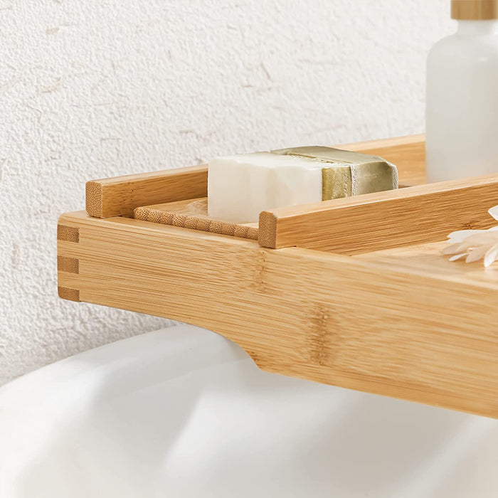 ausziehbare Badewannenablage aus Bambus verstellbares Badewannenbrett Badewannen Ablagen, mit Getränkehalter, Buchstütze, Seifenhalter