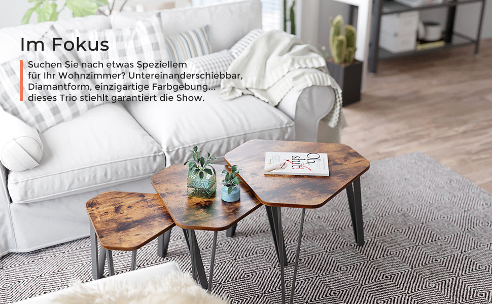 Beistelltisch-Set, 3 Stück Nachttische, Couchtische, mit Metallbeinen, einfacher Aufbau, Industrie-Design, vintagebraun-schwarz