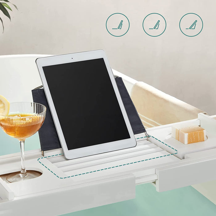 Badewannenablage aus Bambus, Badewannenbrett, ausziehbar, verstellbar, Ablage für Badewannen, mit Getränkehalter, Handy-Stütze, Seifenablage, (75-109) x 23 x 4,5 cm, weiß
