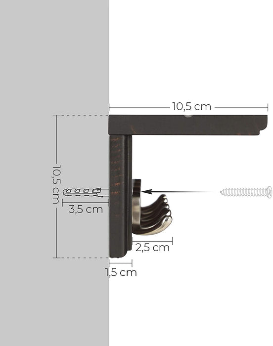 Wandgarderobe, Flurgarderobe, mit 4 Doppelhaken, mit Ablage, Garderobenhaken, für Badezimmer, Wohnzimmer, Küche, vintagebraun