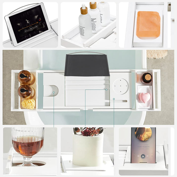 Badewannenablage aus Bambus, Badewannenbrett, ausziehbar, verstellbar, Ablage für Badewannen, mit Getränkehalter, Handy-Stütze, Seifenablage, (75-109) x 23 x 4,5 cm, weiß