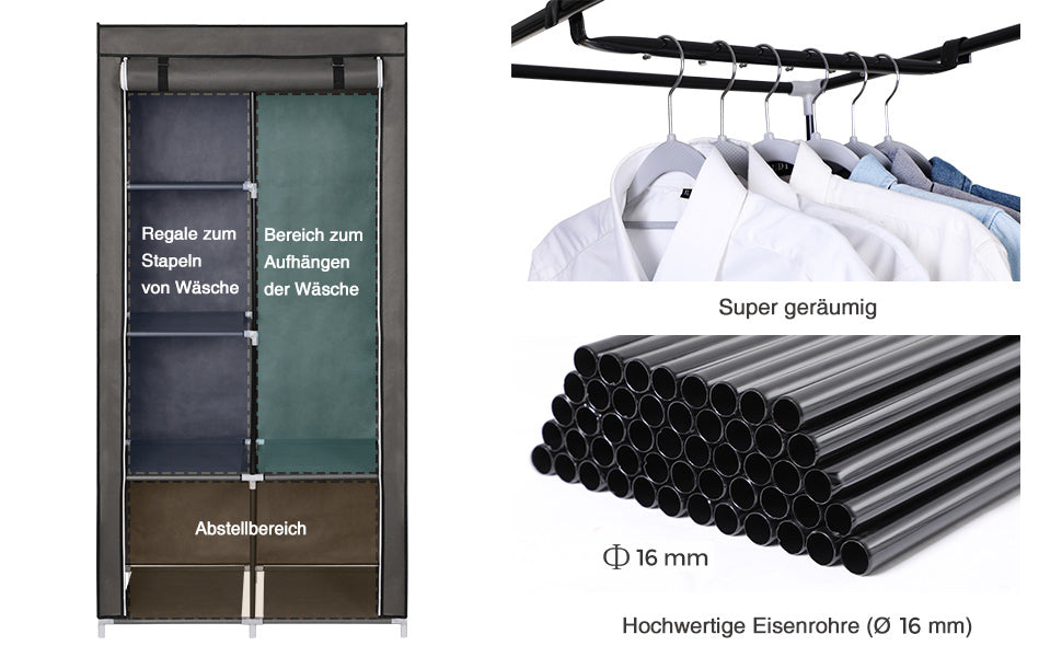 Stoffschrank, Kleiderschrank, 2 Kleiderstangen, 6 Ablagen, verschiedene Aufbaumöglichkeiten, 88 x 45 x 168 cm, für Schlafzimmer, Ankleidezimmer, grau