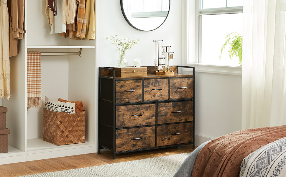 Kommode, Schrank, 7 Stoffschubladen mit Griffen, Metallgestell, Industrie-Design, vintagebraun-schwarz