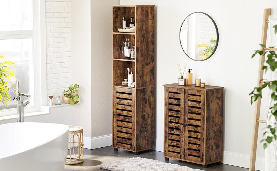 Badezimmerschrank, Hochschrank, Badschrank, 3 offene Fächer, 2 verstellbare Einlegeböden hinter der Tür, Aufbewahrungsschrank, für Badezimmer