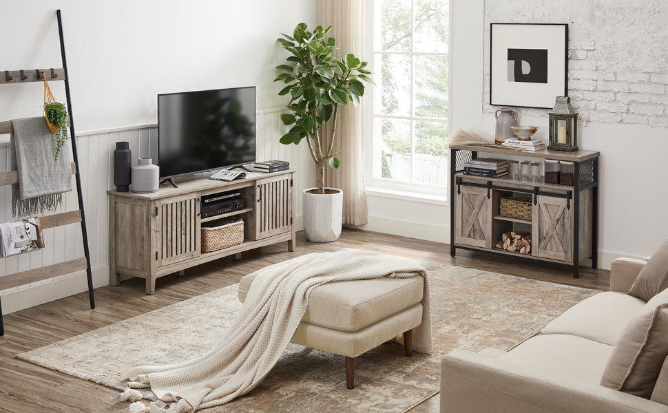 Sideboard, Küchenschrank, Aufbewahrungsschrank, mit 2 Schiebetüren, verstellbare Ablage, industriell, für Wohnzimmer, Greige-schwarz