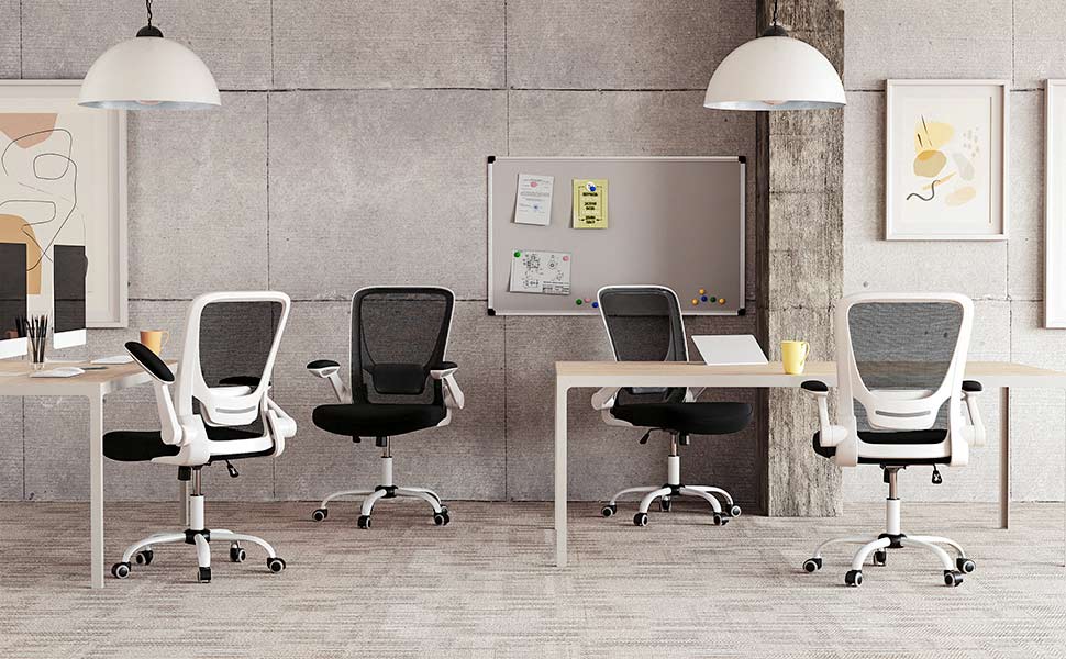 Bürostuhl ergonomisch, Schreibtischstuhl klappbare armlehne, 360° Drehstuhl, verstellbare Lendenstütze, platzsparend, schwarz-weiß