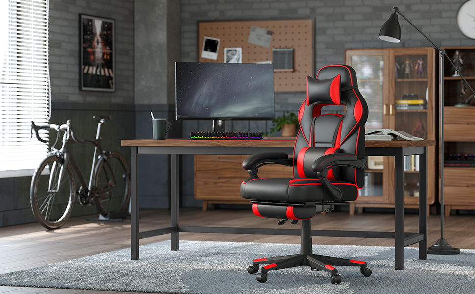Gamingstuhl, Schreibtischstuhl mit Fußstütze, Bürostuhl mit Kopfstütze und Lendenkissen, höhenverstellbar, ergonomisch, 90-135° Neigungswinkel