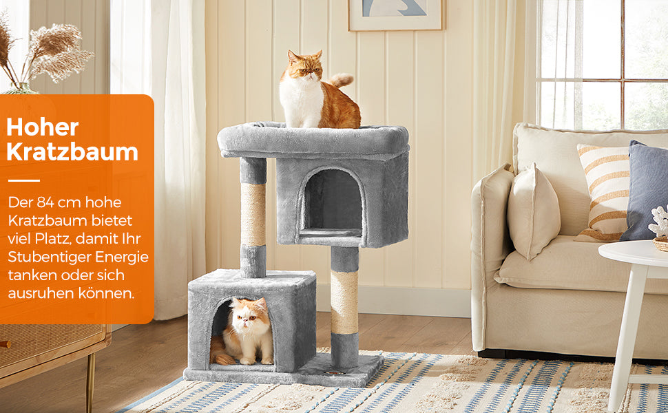 Kratzbaum mit Großer Plattform und 2 Plüschhöhlen Spielhaus, Kletterbaum für Katzen HellGrau