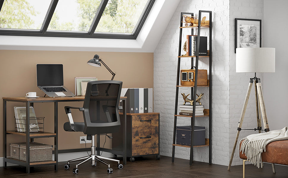 Bücherregal, Leiterregal mit 5 Ablagen, offen, Standregal, schmal, für Wohnzimmer, Schlafzimmer, Küche, Büro, Metallgestell, Industrie-Design