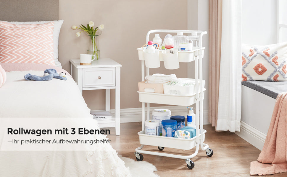 Rollwagen, 3 Ebenen, Servierwagen, Küchenwagen mit Griff, 2 kleine Einhängefächer, 2 Bremsen, Ablagefächer aus Kunststoff, einfacher Aufbau