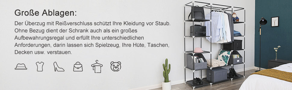 Kleiderschrank, Stoffschrank, mit Kleiderstange und Ablagen, Soffüberzug, für Schlafzimmer, Ankleidezimmer, 150 x 45 x 175 cm, schwarz