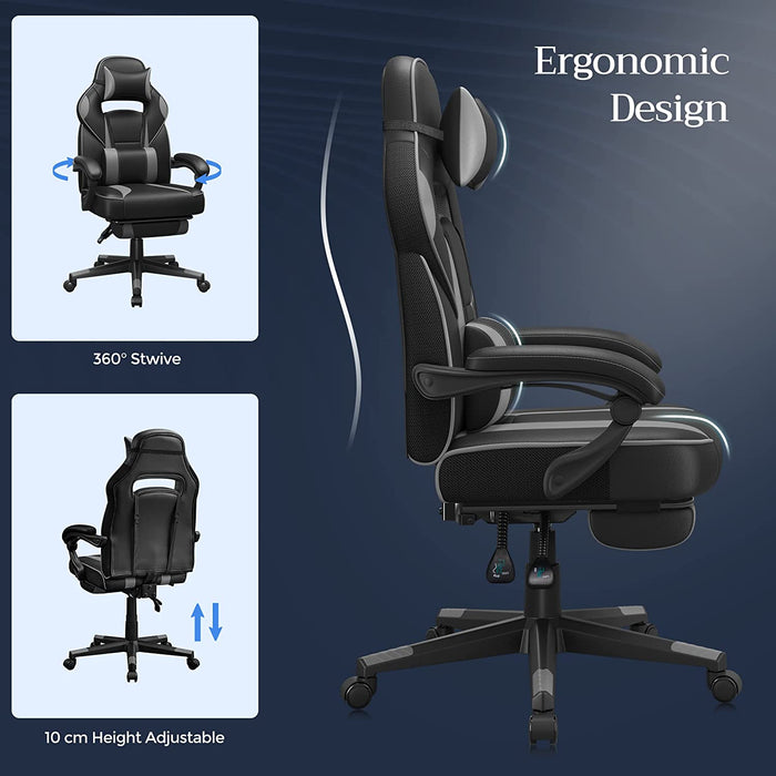Gamingstuhl, Schreibtischstuhl mit Fußstütze, Bürostuhl mit Kopfstütze und Lendenkissen, höhenverstellbar, ergonomisch, 90-135° Neigungswinkel