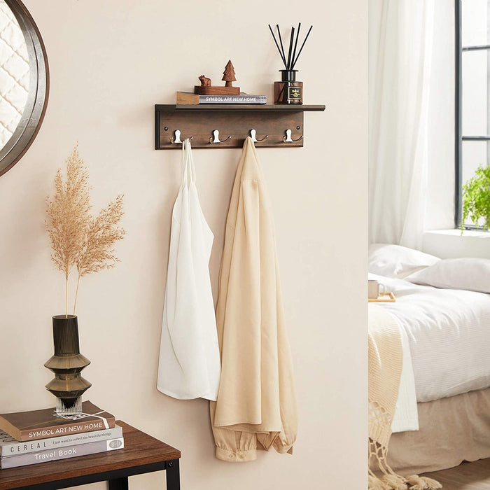 Wandgarderobe, Flurgarderobe, mit 4 Doppelhaken, mit Ablage, Garderobenhaken, für Badezimmer, Wohnzimmer, Küche, vintagebraun