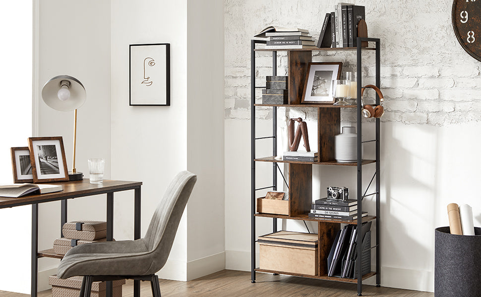 Bücherregal, Regal mit 5 Ebenen, Standregal, Büroregal, offene Fächer, Industrie-Design, für Wohnzimmer, Schlafzimmer, Büro, Arbeitszimmer