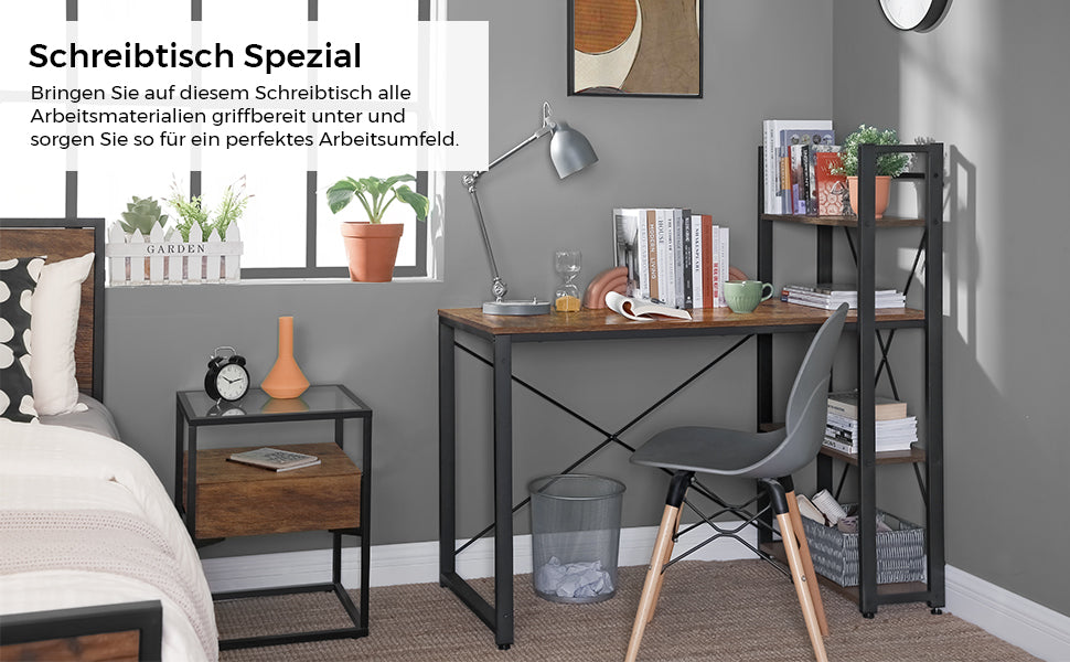 Schreibtisch, 120 cm Langer Computertisch mit Regalböden rechts oder Links, Bürotisch, Arbeitszimmer, Homeoffice, einfache Montage, stabil