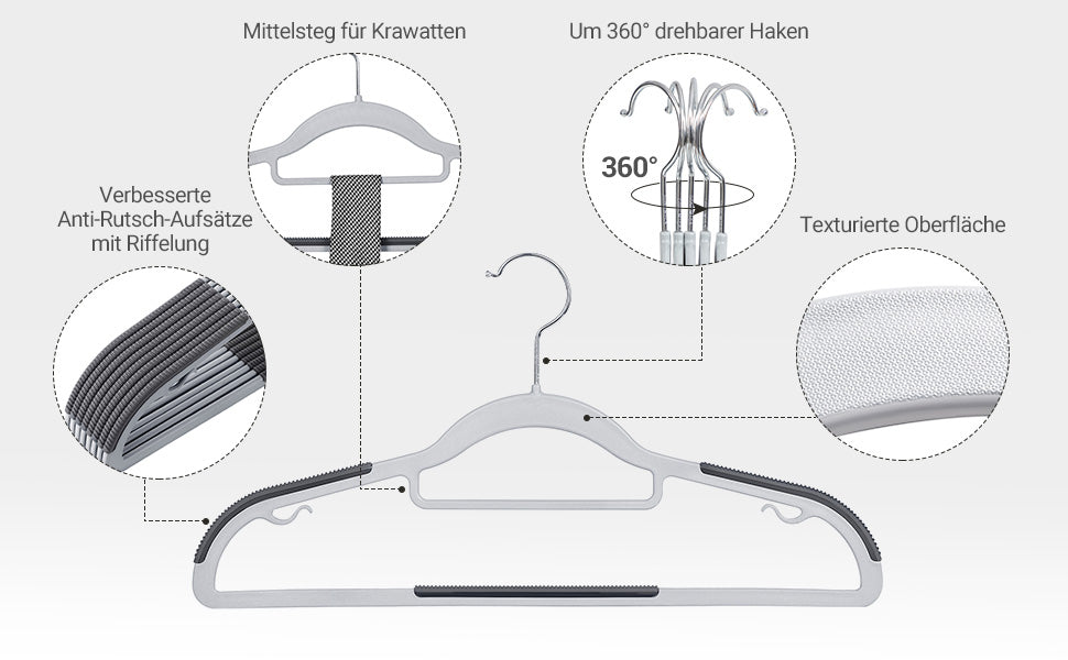 Kleiderbügel, 50er Set, Jackenbügel aus Kunststoff, gut belastbar, Anti-Rutsch-Design, platzsparend, 0,6 cm Dicke, um 360° drehbarer Haken, 42 cm lang