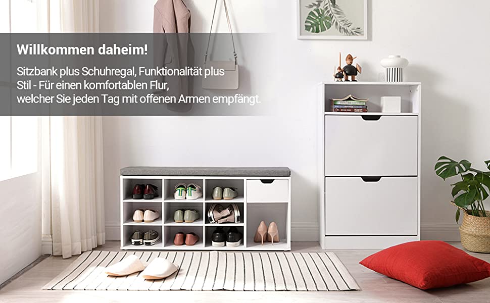 Schuhbank, Schuhregal mit Schublade und offenen Fächern, Sitzbank, gepolsterter Sitz, Flur, Schlafzimmer und Eingangsbereich, 104 x 30 x 48 cm, weiß