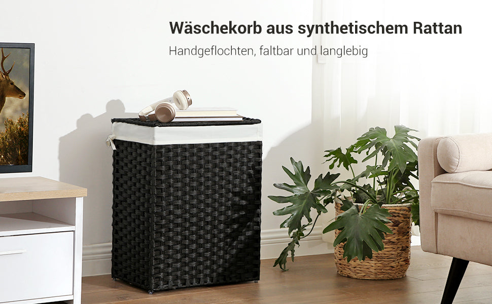 Wäschekorb handgeflochten, 90 L, Wäschesammler aus synthetischem Rattan, mit Deckel und Griffen, faltbar, Wäschesack herausnehmbar, schwarz