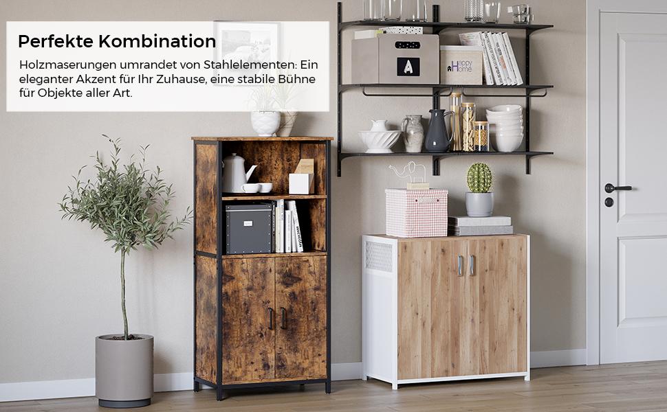 Bücherregal, Bücherschrank, Büroregal, Küchenschrank mit 2 offenen Fächern, Regalebene im Schrank verstellbar, multifunktional, Industrie-Design