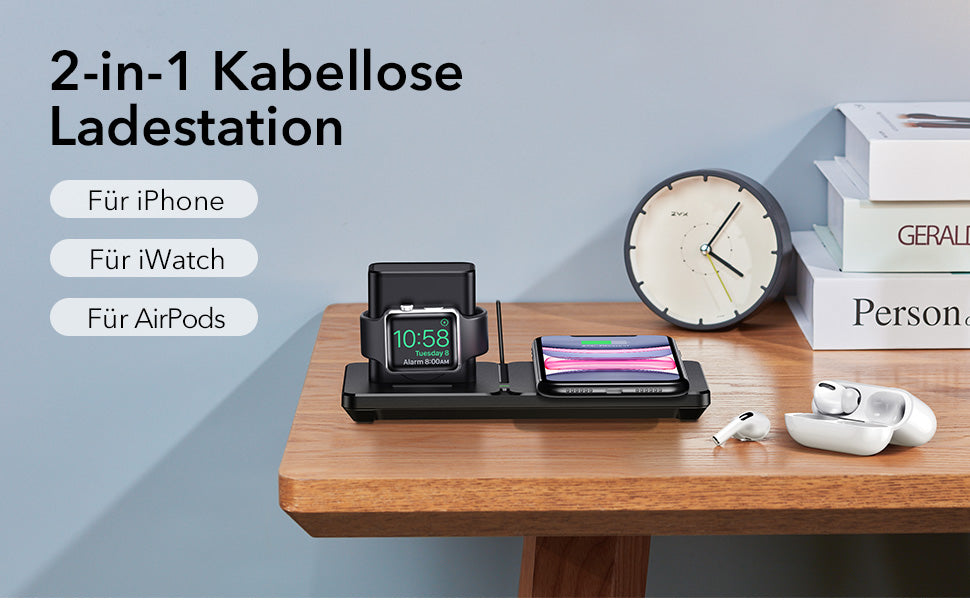 HaloLock 2 in 1 Kabelloses Ladegerät, Fast Dual Wireless Charger, für iPhone 12/12 Pro/12 mini/12 Pro Max, AirPods 2/Pro, Apple Watch 5/4/3/2