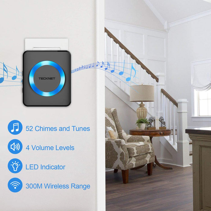 Funk Türklingel, Kabellose Türklingel, Wireless Türglocken, 300m Reichweite, 52 Klingeltöne, Plug In für Die Steckdose, Klingel und Klingelknopf