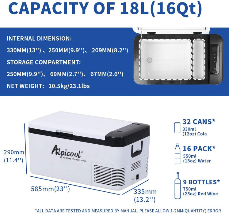 Alpicool K18 18 Gefrierbox Liter -20 Klein 12v Boot, Lkw, mit Kühlschrank für Kühlbox Anschluss RV Elektrische USB und Auto, Steckdose, Mini