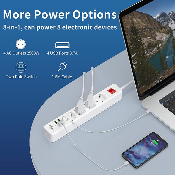Steckdosenleiste mit USB, 10A Mehrfachsteckdose 4 Fach Steckdose 4 USB(5V/3.7A) mit Überlastschutz 1.6M Verlängerungskabel Mehrfachstecker