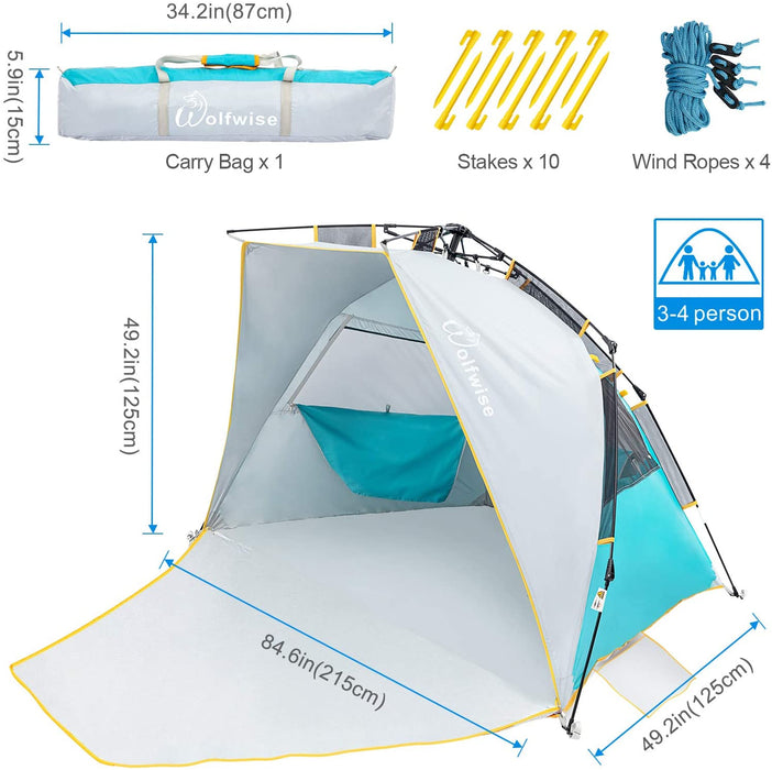 Schnellaufbau 3-4 Personen Strandmuschel, UPF 50+ UV Schutz Familien Baby Strandzelt Sonnenschirm, Tragbar Blau